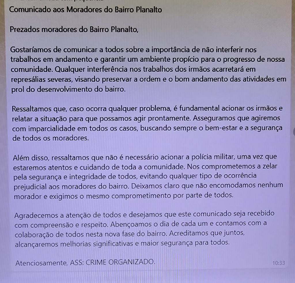 Polícia investiga a origem do comunicado distribuido nesta sexta-feira, no mesmo bairro onde houve o duplo homicídio