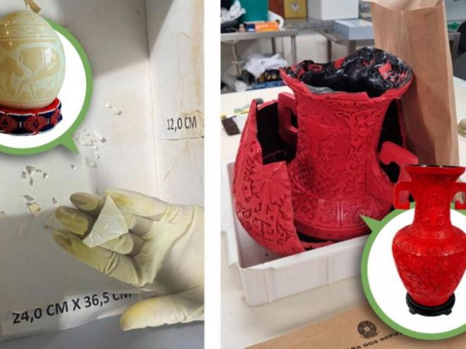   Ovo de avestruz destruído e vaso passível de recuperação 