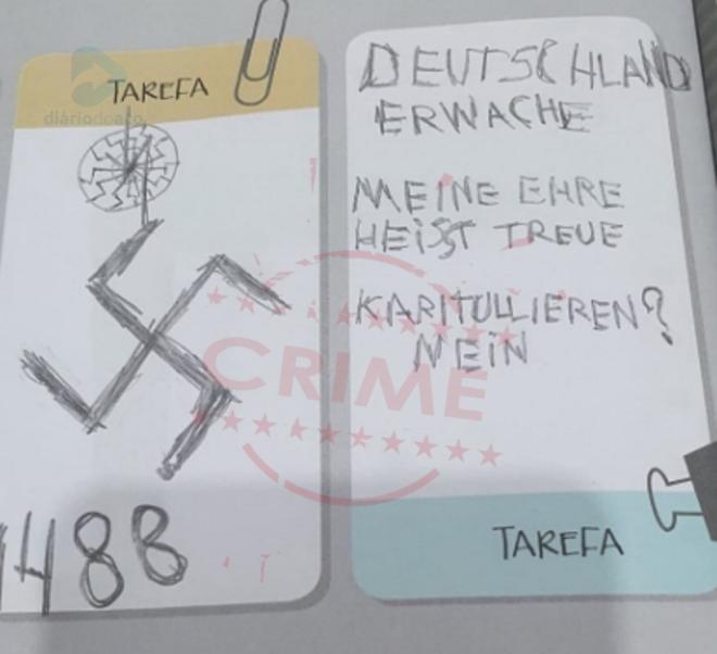 Rabiscos em alemão em caderno de estudante em Ipatinga: ''Alemanha acorde, lealdade é minha honra. Caridade? Não''