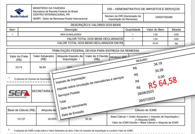   Produto pelo qual o cliente pagou R$ 96 à Ali Express, foi taxado em R$ 64,58