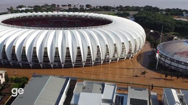 O estádio Beira-Rio, do Internacional, está tomado pela enchente que assola o Rio Grande do Sul