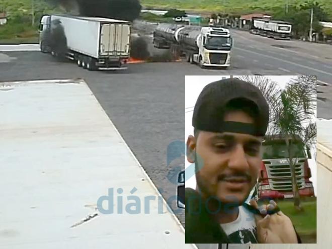 O momento que o fogo se espalha entre os dois veículos no pátio de um posto de combustíveis