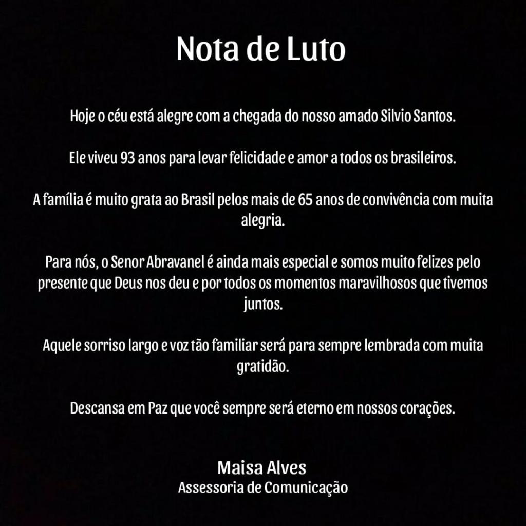 Nota de pesar publicada pela assessoria do SBT