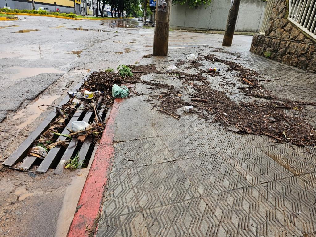 Meia hora depois da chuva, mesmo com os detritos, água escoou pela boca de lobo