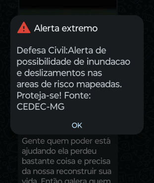 Alerta emitido pela Defesa Cívil na noite de domingo 