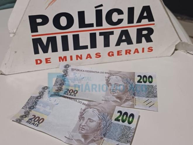 As cédulas de R$ 200 falsificadas que foram apreendidas pela PM no bairro Canaã