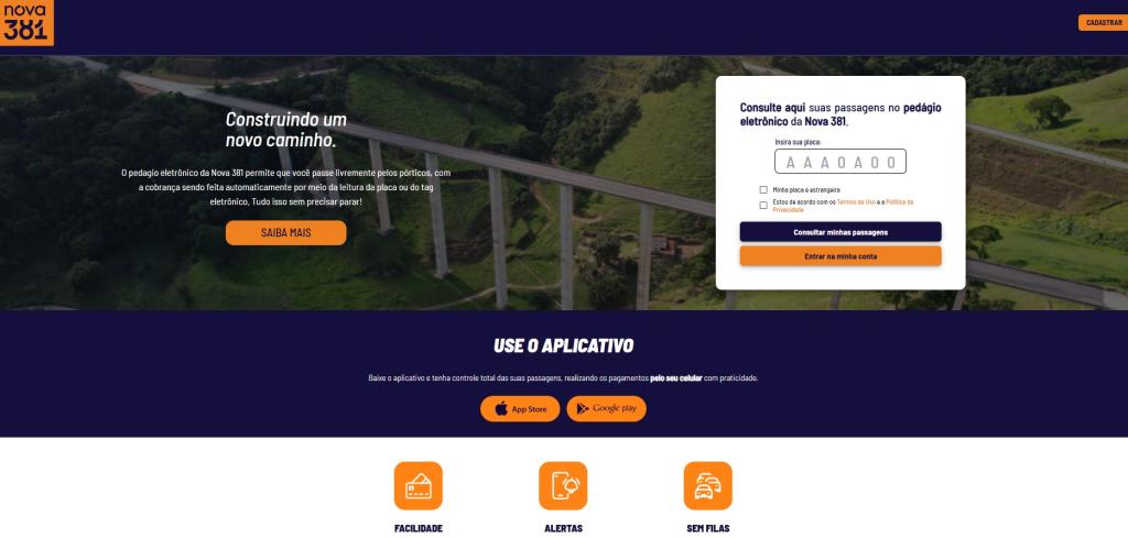 Cadastro no site ou aplicativo da Nova 381 permite que seja emitido alerta de cobrança de tarifa