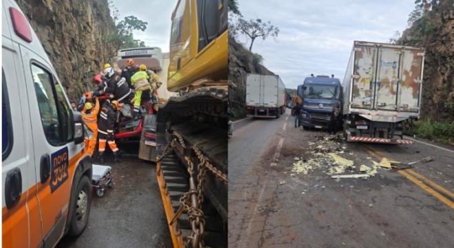 Colisão entre dois caminhões na BR-381 em Ravena fechou o trânsito no começo da manhã 