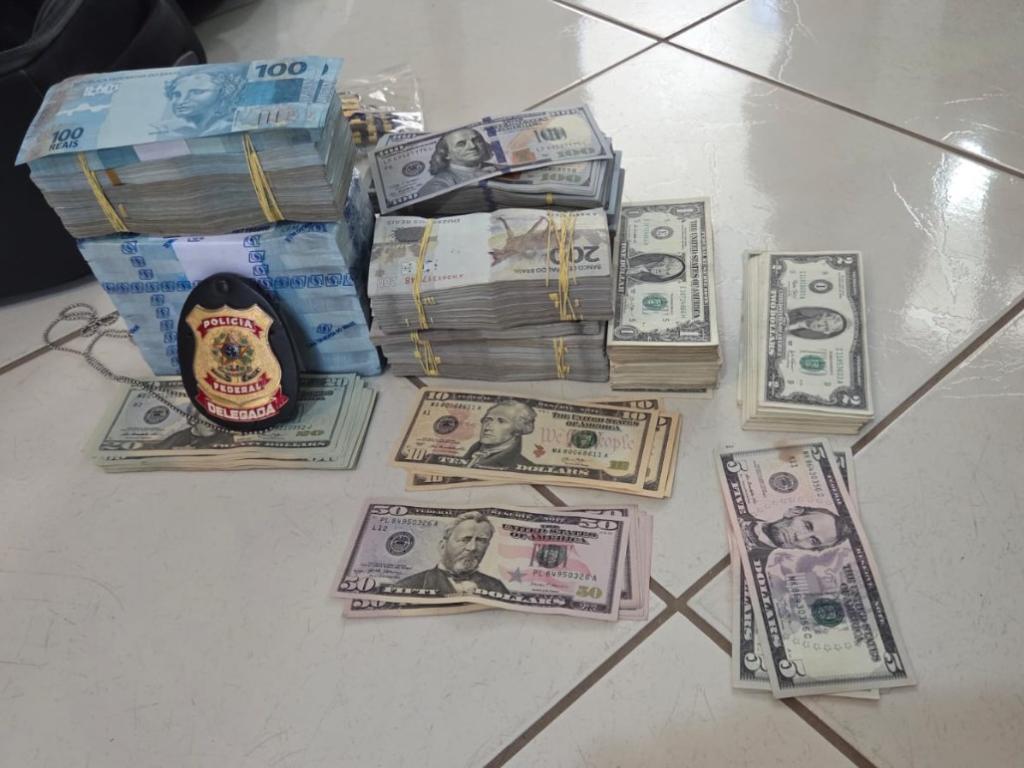 Dinheiro apreendido: cédulas de real, dólar, euro e outras moedas internacionais 