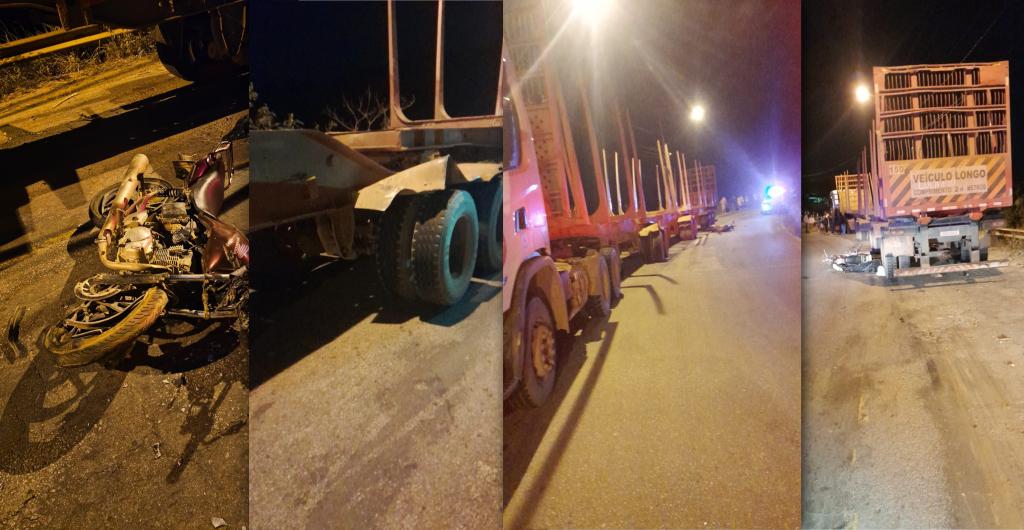 Condutor do caminhão Scania relatou que motociclista saiu de uma curva, perdeu o controle, invadiu a contramão e bateu nas rodas traseiras do bitrem