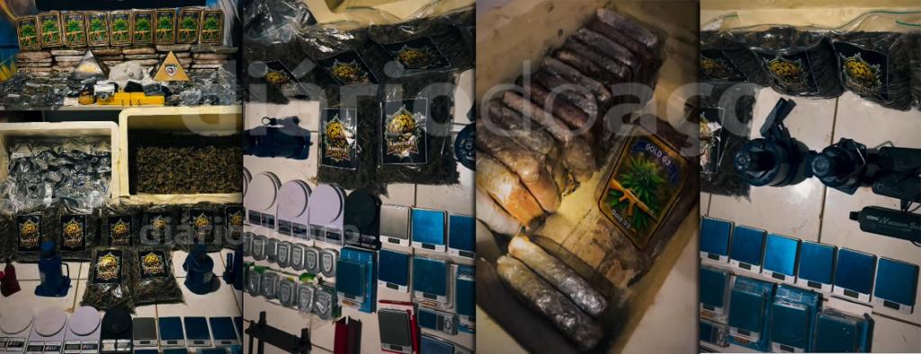 Operação da Polícia Militar teve início após denúncia anônima e resultou na apreensão de maconha, cocaína, haxixe, munição, dinheiro, balanças eletrônicas e um veículo