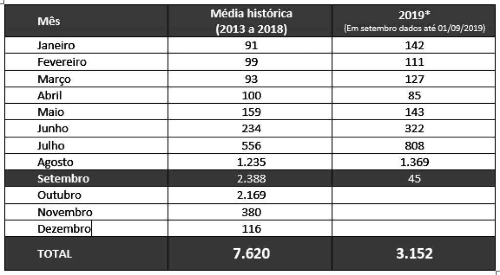 Tabela 2: Focos de calor em 2019. Fonte: Inpe – Instituto Nacional de Pesquisas Espaciais (satélite referência).