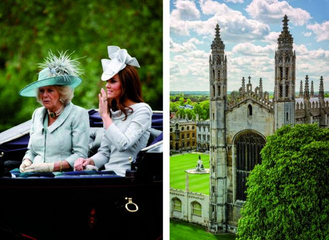 Kate Middleton (à direita), mulher do príncipe William, é Duquesa de Cambridge. À direita, a Capela do “King’s College”