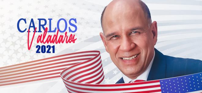 Material de campanha de Carlos, do Partido Democrata