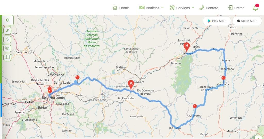 Rota para veículos leves (Sentido BH- Vale do Aço): de BH a Rio Casca pela BR-262, depois siga para Caratinga pela MG-329 até trevo da BR-458 pela BR-116. Do trevo, siga até Ipatinga pela BR-458