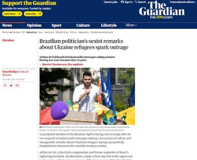The Guardian, portal de notícias britânico, noticiou a fala sexista de Arthur do Val, deputado de São Paulo