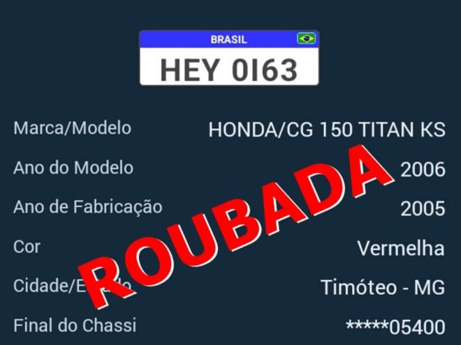A moto Honda CG Titan 150 vermelha foi roubada na noite de quarta-feira, em Timóteo